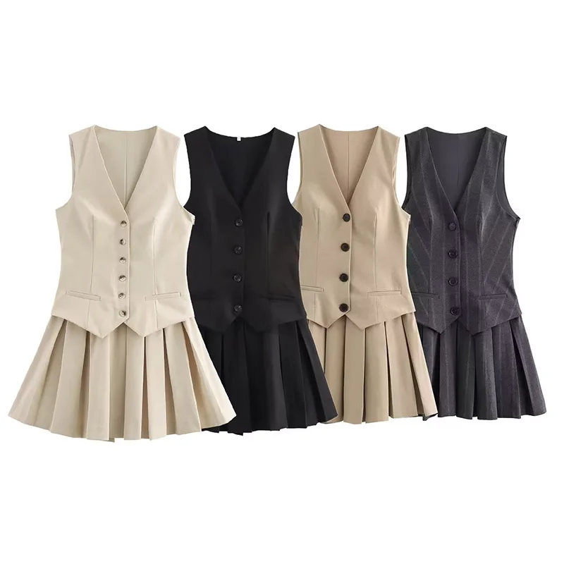 Alle Seizoen V-hals Mouwloos Vest Stijl Brede Geplooide Mini Jurk Vrouwen Voorste Knop Jurk Vrouwelijke Casual All-Match Wear 2025 Nieuwe