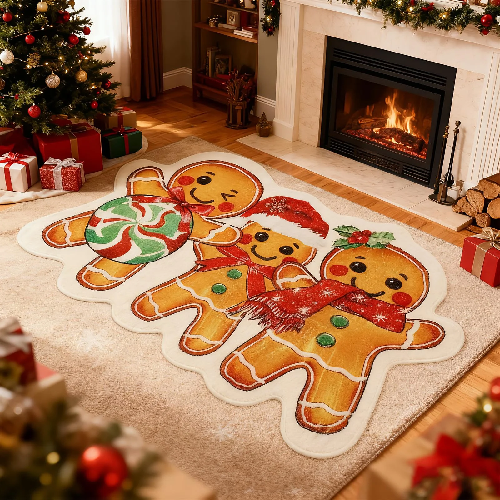 VIKAMA Gingerbread Man Shaped Bath Mat Candy Holly Berry Pattern Non Slip Absorbent Mat For Bathroom Bedroom Xmas Home Decoratio