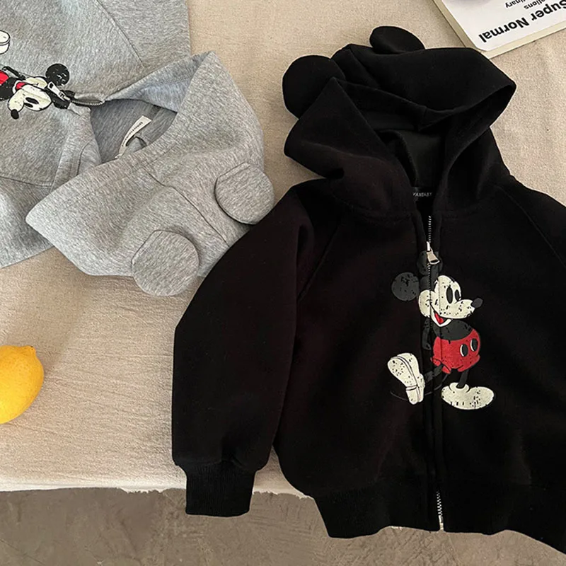 

Mickey Print Hooded Jacket For Children Korean Fashion Cartoon Pattern Jackets Solid Color Loose Kid's Casual Hoodie Coat