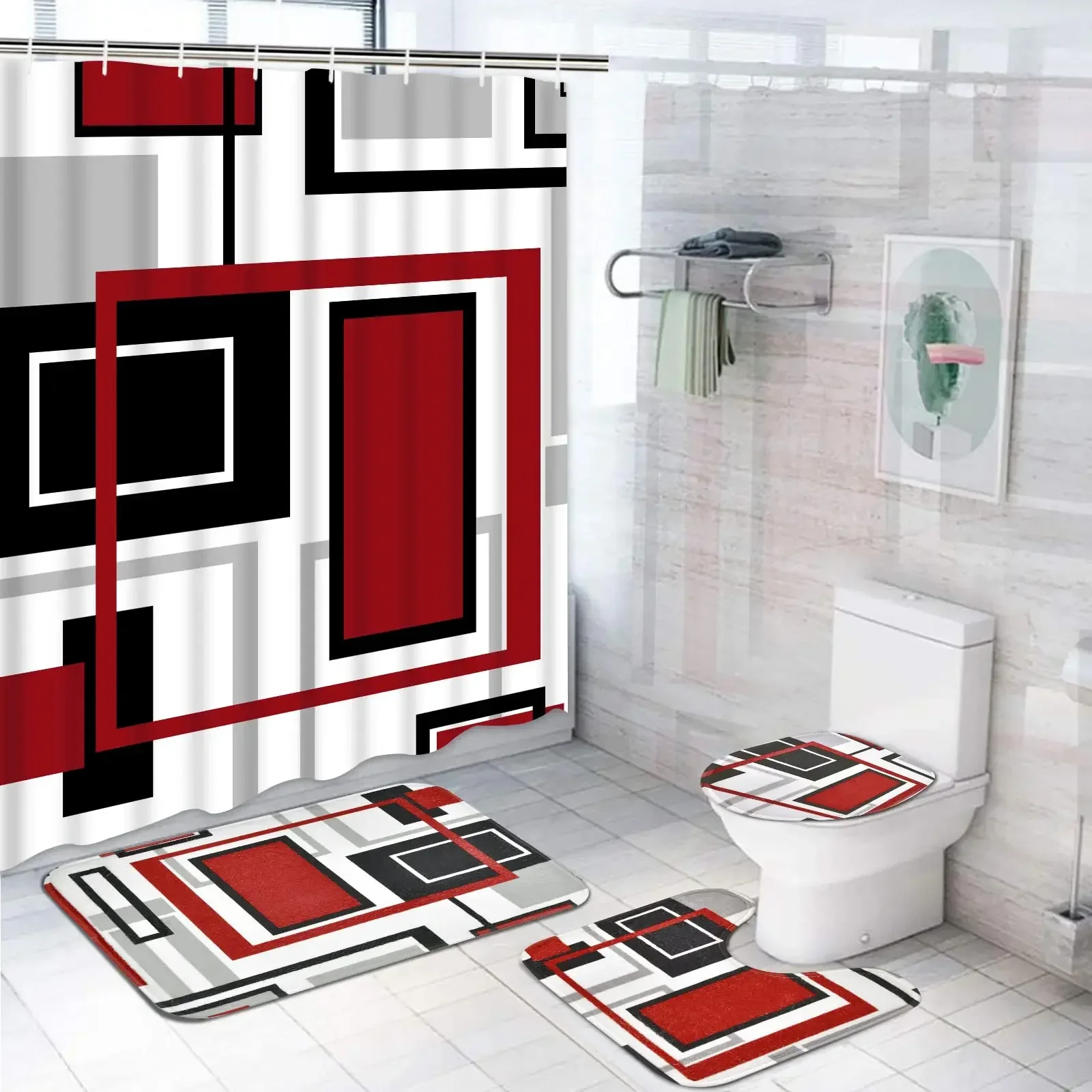Geometric Blue Shower Curtain Set Non-Slip Rug Toilet Lid Cover Bath Mat Black Gray Bathroom Decor Waterproof