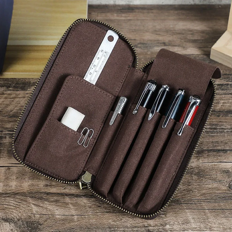 

Retro leather pencil case with multifunctional zipper that can hold 4 pens or pencils. The leather bag is suitable for students
