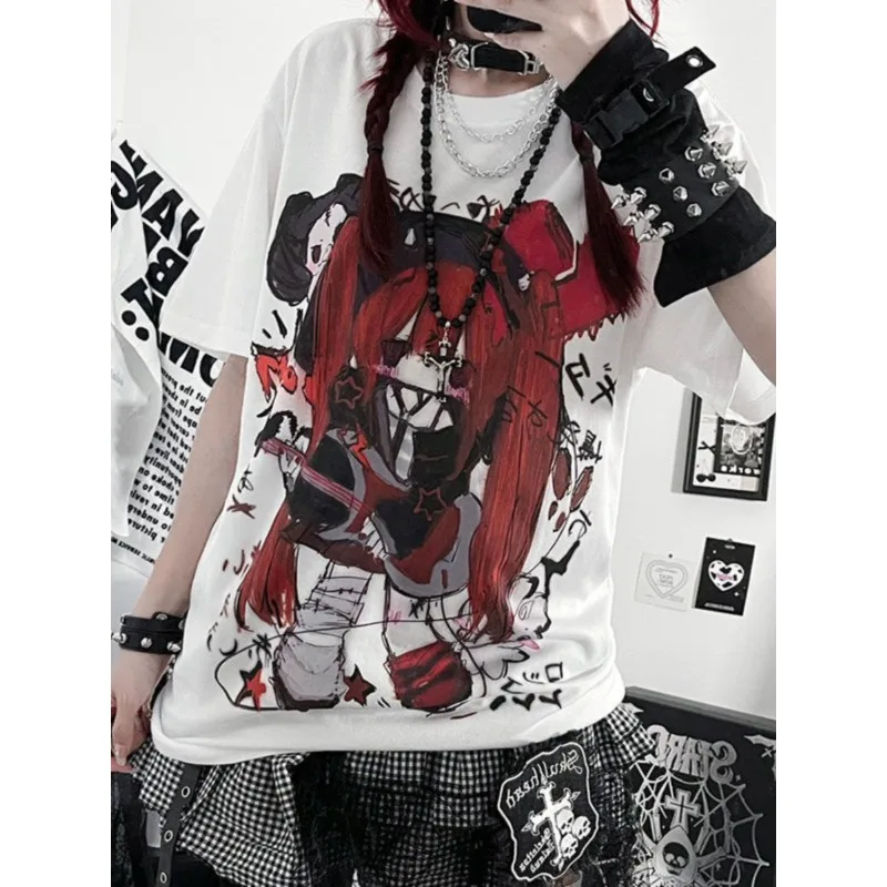 

Subculture Short Sleeve T-shirt Y2k Rock Punk Female Popular Summer 2024 Harajuku Top Women Japanese White Cartoon Print Tees