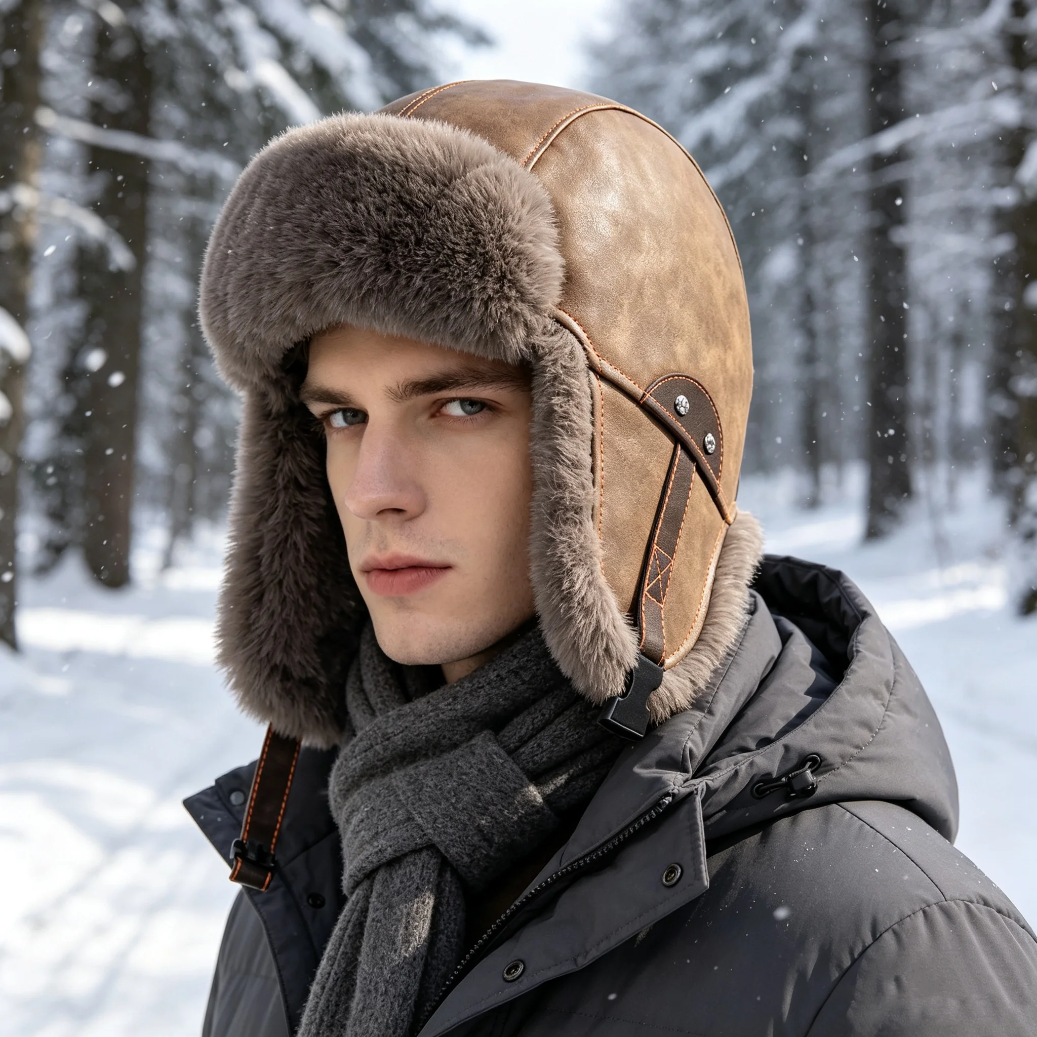 Men's Retro Aviator Snow Hat, Distressed Leather with Large Fur Ear Flaps, Rivet Stitching, Adjustable Buckle, Outdoor Warm Winter Hat