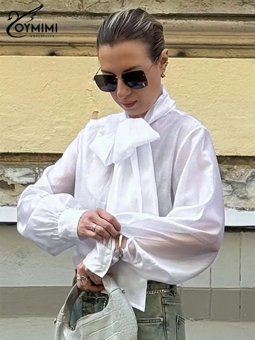

Oymimi Elegant White Button Woman Blouses Casual Translucent Lace-Up Neck Blouses Fashion New Solid Simple Blouse Female Clothes