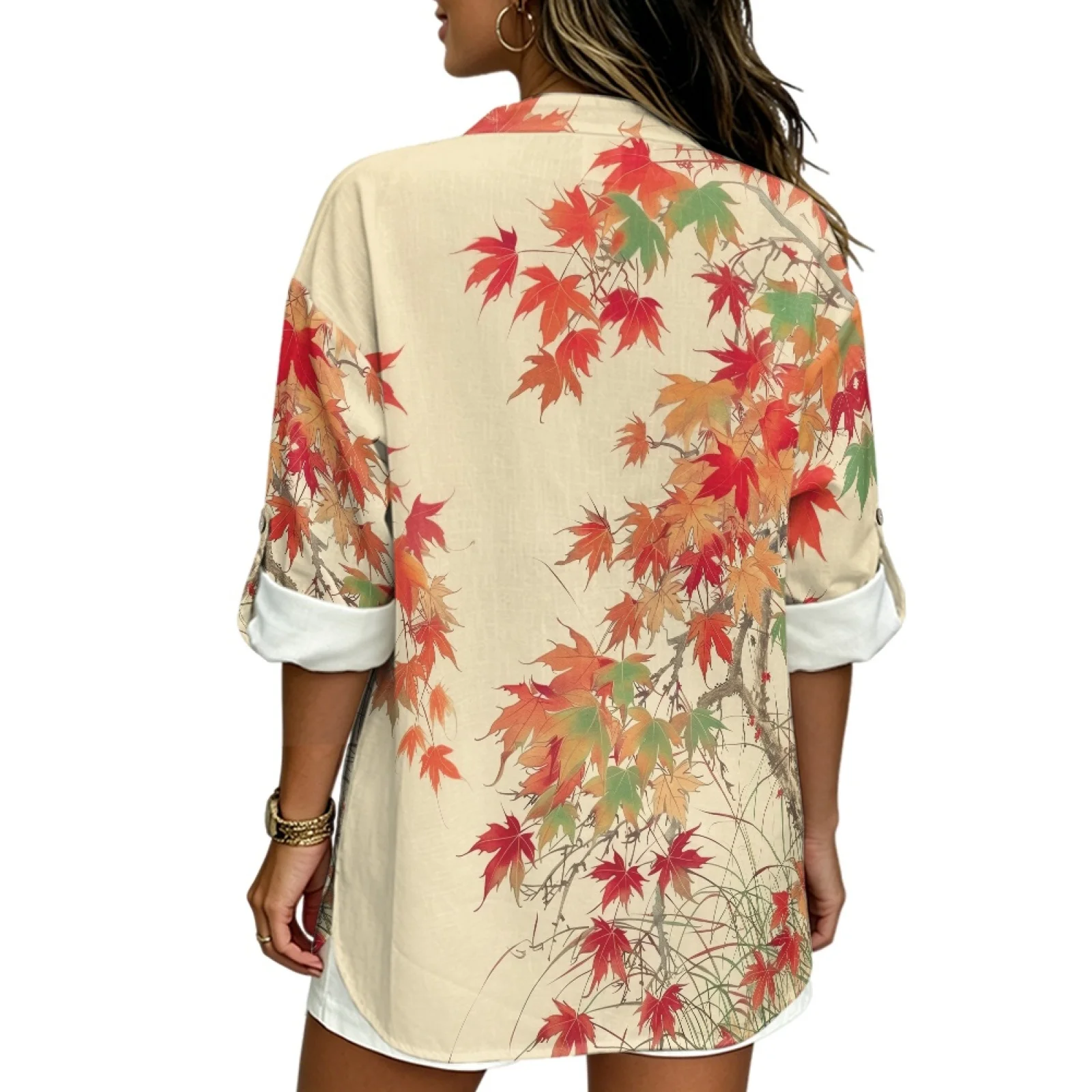 PENSTROLL Maple Leaf Print Casual Tunic Tops, Linen Like Loose Fit Blouses Sizes S-5XL for Women Outdoor Fall Wear