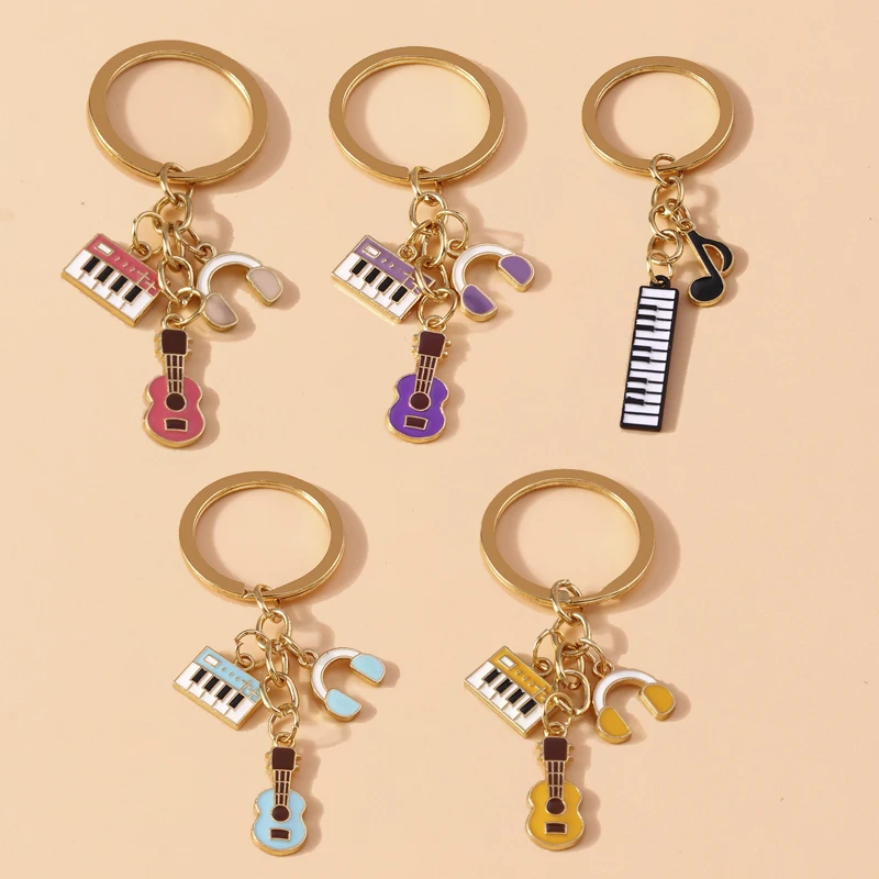 Cute Enamel Mini Musical Instruments Keychain Piano Guitar Keyring Pendantsfor Women Girls Handbag Accessories DIY Jewelry Gift