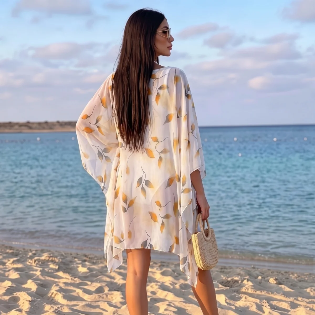 Bohemian Multicolor Floral Print Sheer Chiffon Robe Muslim Ladies Round Neck Oversized Wide Sleeve Seaside Holiday Abaya
