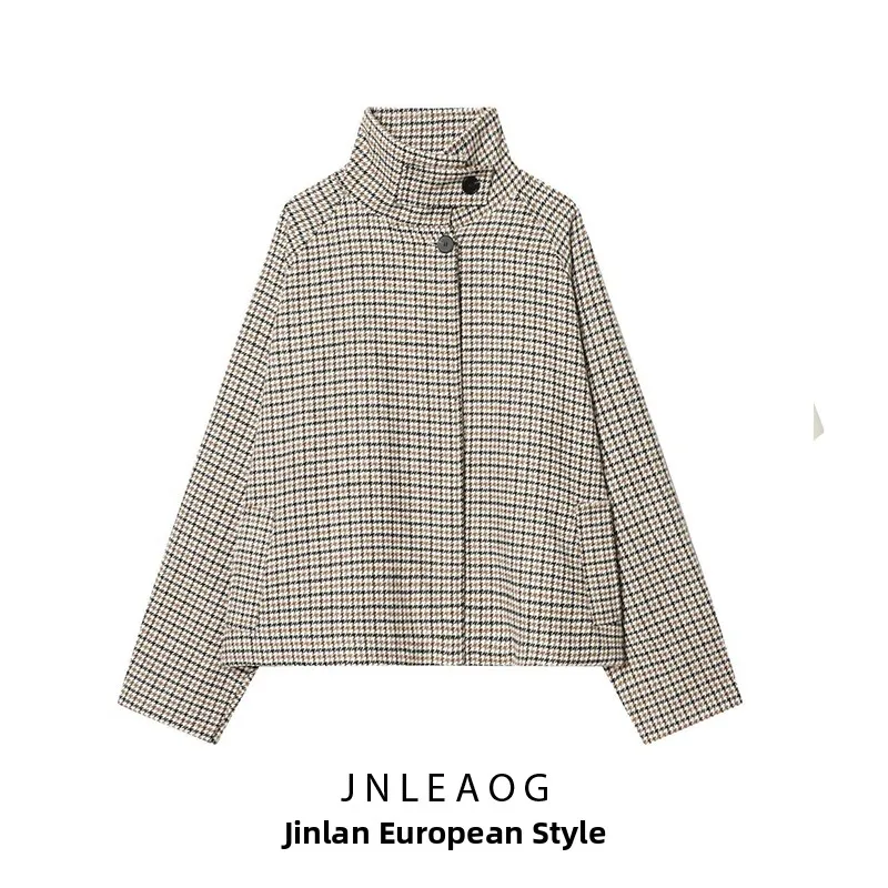 

Fashionable Short Plaid Jacket Women's Spring New Style Versatile Design Standard Fit Polyester Long Sleeve No-Collar Coat