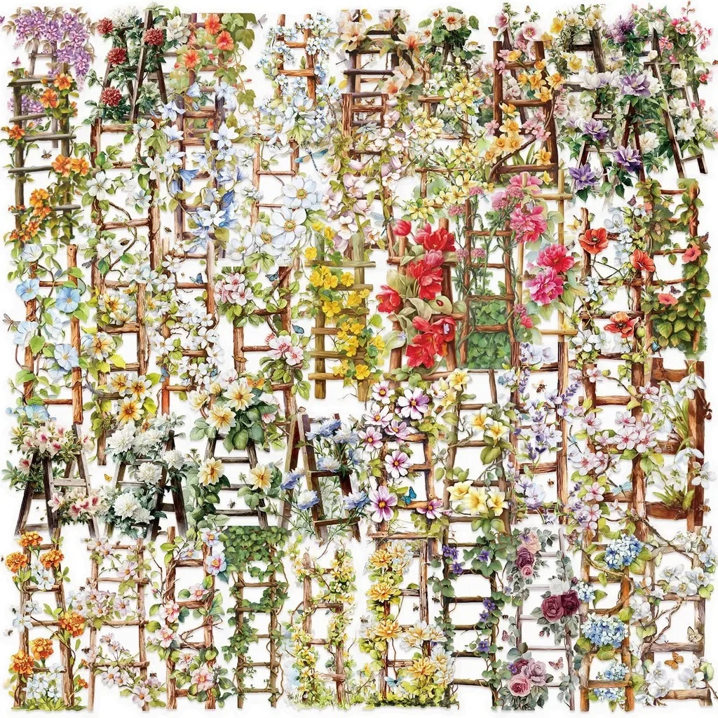 50 Pieces Cartoon Retro Flower Ladder Series Stickers - PET Decals for DIY Handbooks, Phone Cases, Skateboards AnimeWorlds Store