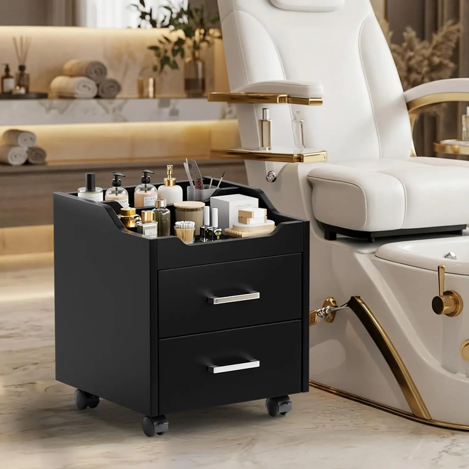 Pedicure Cart Foot Bath Trolley Two Storage Drawers Portable Nail Esthetician Cart Manicure Foot Massage Beauty Spa Supplies Loc