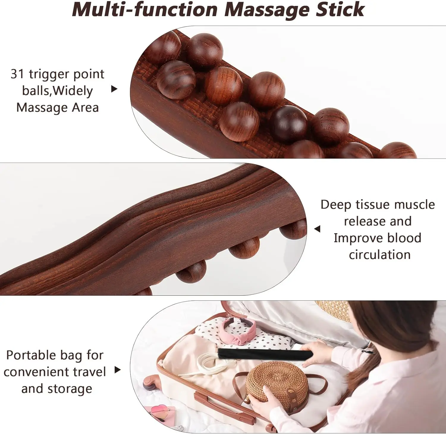 Wood Therapy Massage Tools for Body Shaping,20 Beads Point Treatment Gua Sha Tools and Manual Massage Roller Stick for Fascia