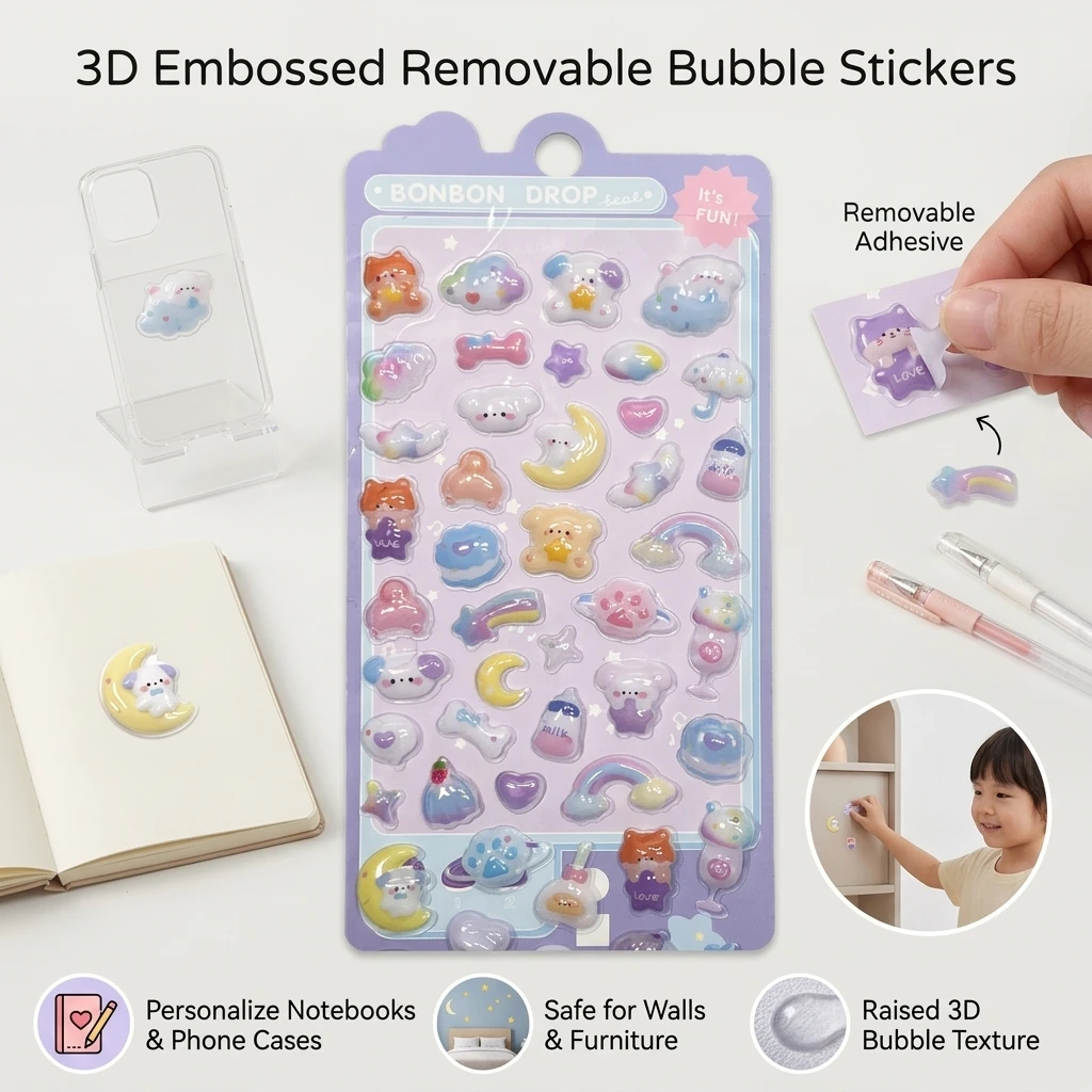 Cute 3D Bubble Stickers Fluffy Stickers Cute Hollow Bubble 3D Stickers for Phone Cases Journals and Children's DIY Crafts