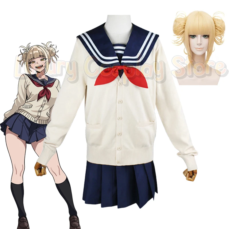 Anime My Hero Himiko Toga Cosplay Costume JK Shcool Uniform Academy Navy Blue Sailor Suit White Sweater Women Halloween Dress