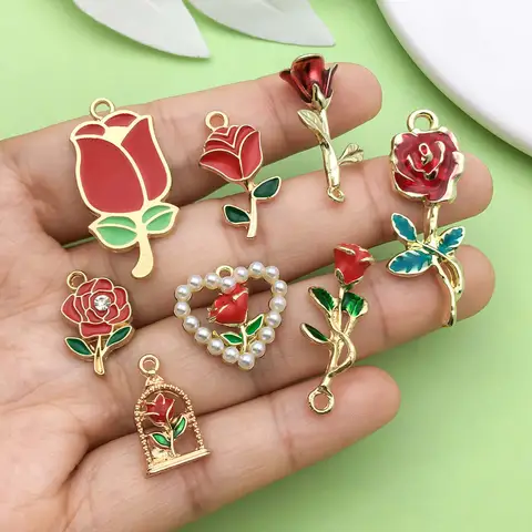10 पीस एनामेल लाल गुलाब फूल डिज़ाइन आकर्षण मिश्र धातु फूल पेंडेंट DIY कंगन हार आभूषण बनाने के सामान के लिए 10 best sales गुलाब के आकर्षण - №1