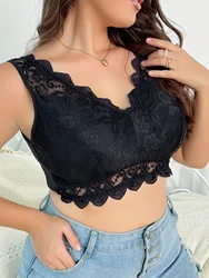 Plus Size Elegant Bra Women's Plus Contrast Floral Lace Scalloped Trim High Stretch Wide Strap Bralette