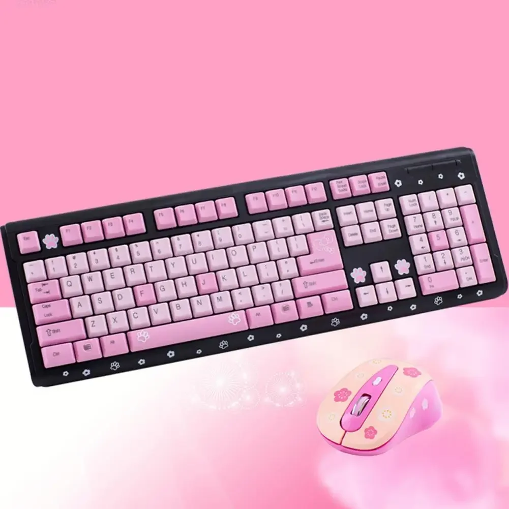 1 Set Wired Keyboard Mouse Combos for Desketop Laptop NotebookCute Cartoon Cat Pattern Pink Girl Keyboard and Mouse Set