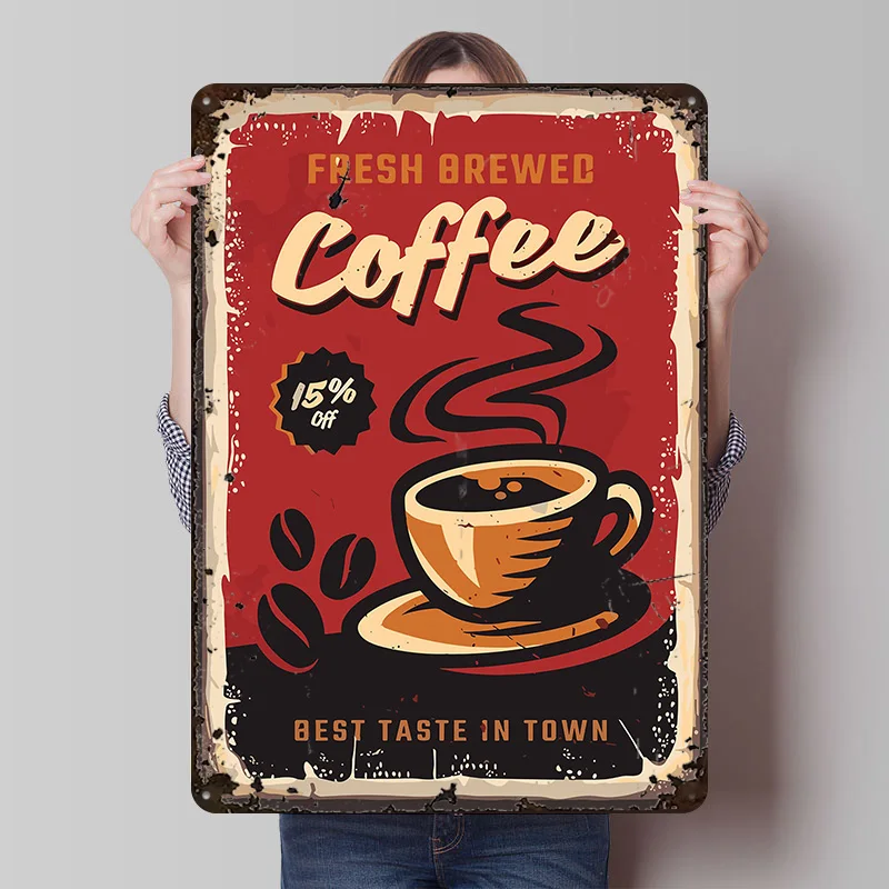 Fresh Brewed Coffee Vintage Printed Poster Customized Retro Wall Art Vintage Metal Tin Signs for Bathroom Decor House Home Items