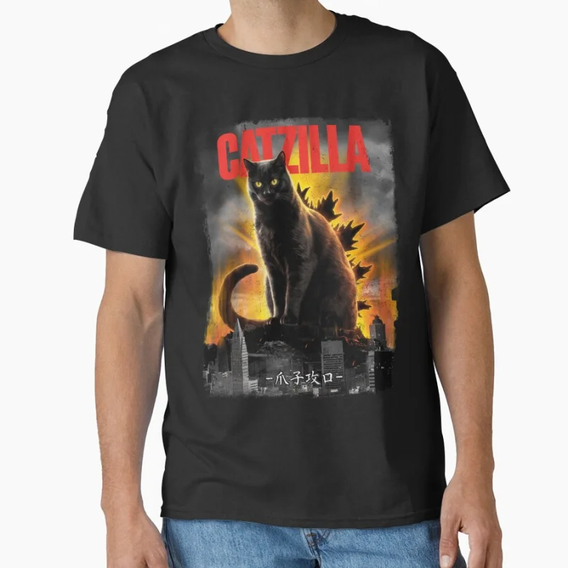 

Japanese Cat Claw Attack Funny King of the meowsters catzilla 80s Vintage Anime t shirt gift for cat lover large size tops