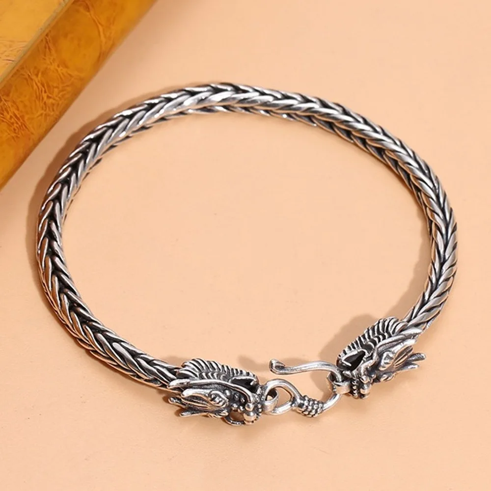 

Real Solid 925 Sterling Silver Chain Men Lucky Wheat Braided Double Dragon Head Bracelet 23.1g/20cm