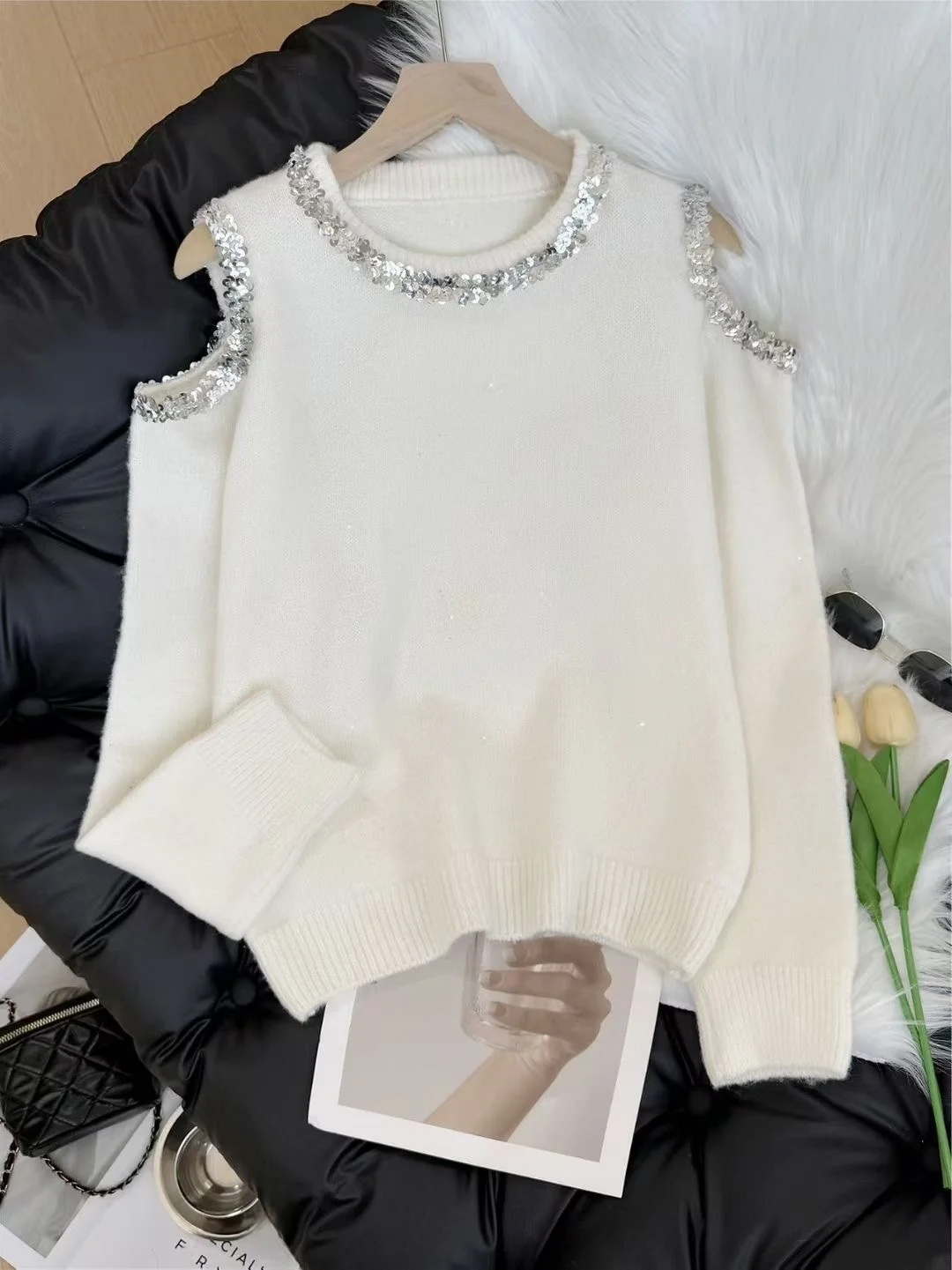 Suéter F de Manga Longa com Lantejoulas, Design Doce e Picante, Tamanho ande, Outono Inverno, Plus Size, E e ...