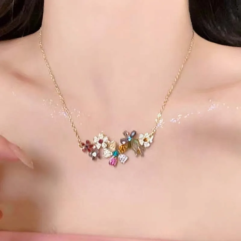 Colored Zircon Zircon Flower Necklace Geometry Design Shiny Appearance Premium Jewelry Full Diamond Clavicle Chain