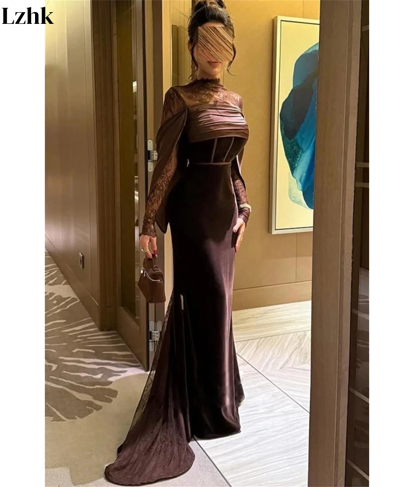 Customized Graceful Velvet Mermaid Lace Evening Dress Temperament High Collar Long Sleeves Floor Length Bespoke Occasion Gowns