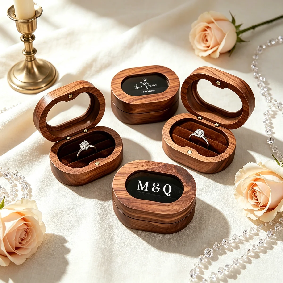 Custom Oval Double Slot Ring Box Printed Name Initial Clear Window Ring Case For Proposal Engagement Anniversary Gift For Her
