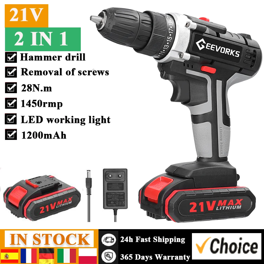 21V Electric Impact Cordless Drill High-power Lithium Battery Wireless Rechargeable Hand Drills Home DIY Electric Power Tools