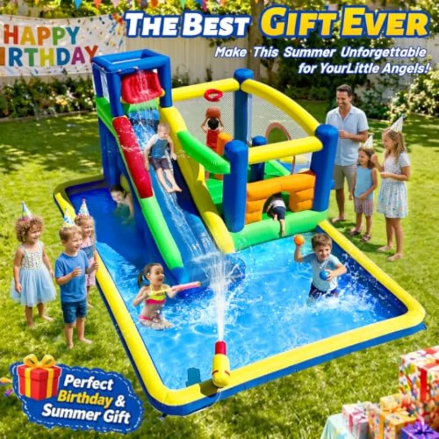 Backyard water park inflatable slide bounce house, PVC material, blue and yellow, 10-in-1 design with splash pool, long slide, view 5