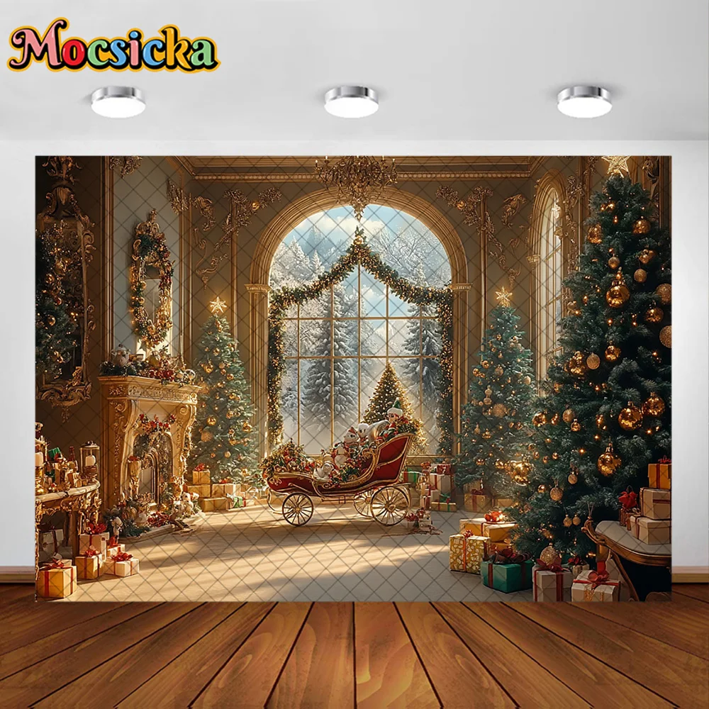 Mocsicka Photography Backdrop Snow Tree Window Christmas Decoration Family Xmas Holiday Portrait Backgrounds For Photographs