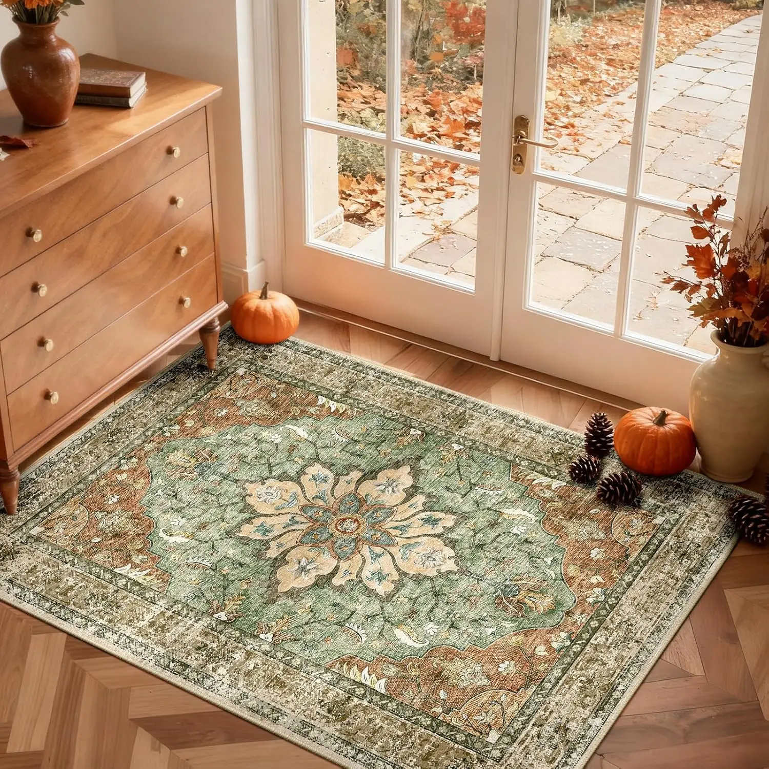 Floral Vintage Distress Print Pattern Medallion Carpet for Living Room Bedroom Dining Room, Brick Red Rust Neutral Brown Burnt