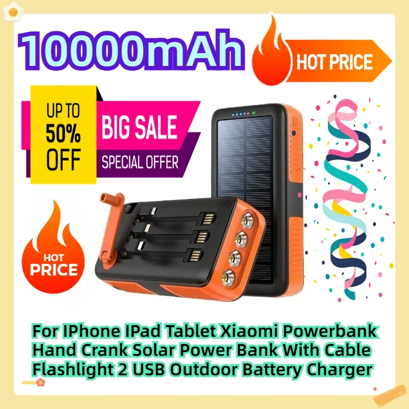 10000mAh For IPhone IPad Tablet Xiaomi Powerbank Hand Crank Solar Power Bank With Cable Flashlight 2 USB Outdoor Battery Charger