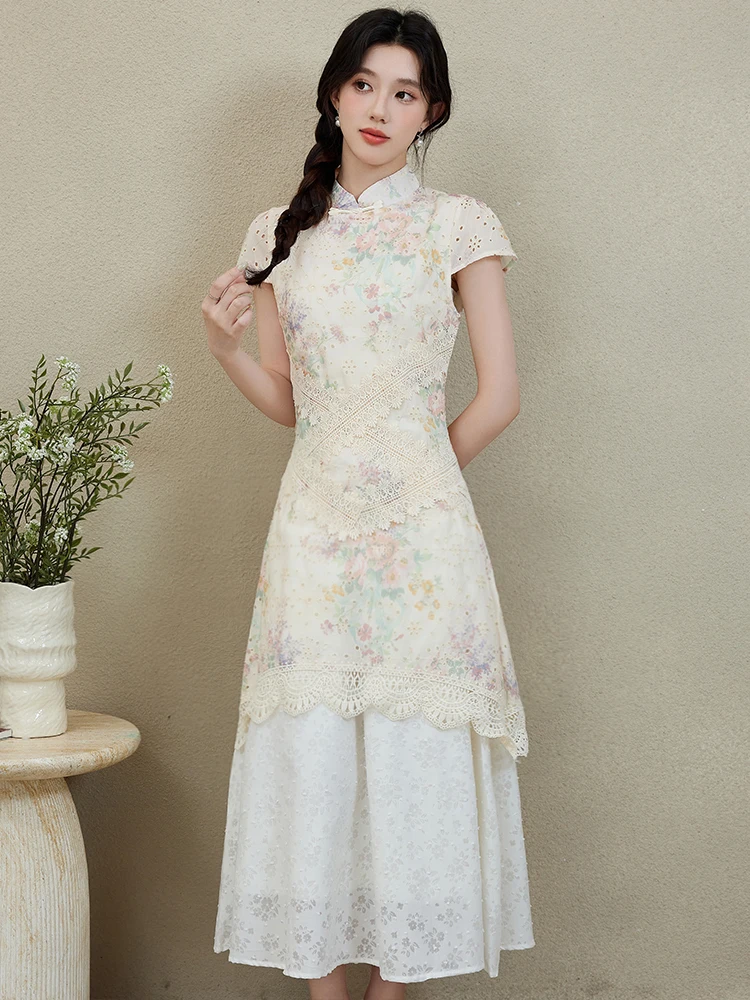 여름 플로럴 시크 레이스 홀터넥 미디 드레스 여성 우아한 캐주얼 페이크 투피스 드레스 2025 한국 바디콘 페스티벌 파티 드레스