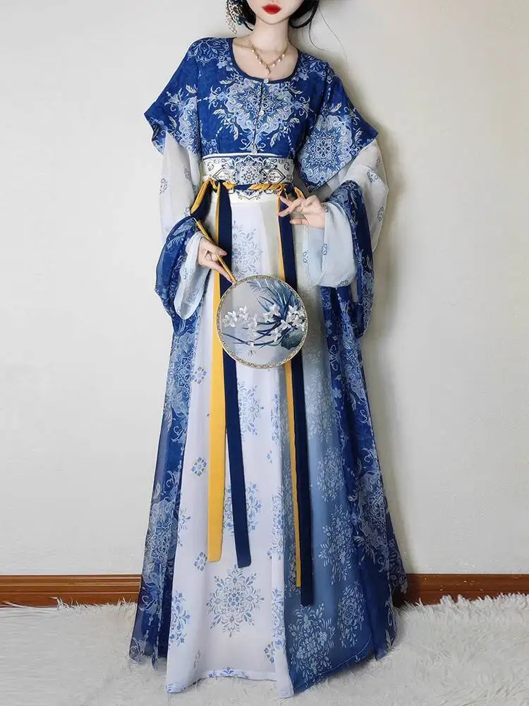 Retro Hanfu ชุดผู้หญิงจีน Tang สไตล์พอร์ซเลนสีฟ้าและสีขาวรอบคอ Elegant Daily สไตล์คอสเพลย์ Fairy Hanfu ชุด