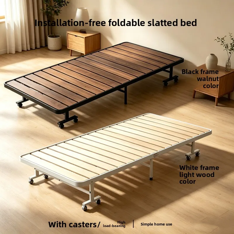 -style installation-free foldable row skeleton bed frame, with casters, wooden strips, high load-, installation-free household