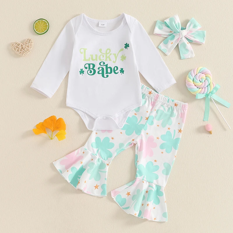 

2024-09-07 Lioraitiin Newborn Baby Girls 3Pcs Spring Outfits Long Sleeve Romper + Shamrock Print Pants + Headband Set Clothes