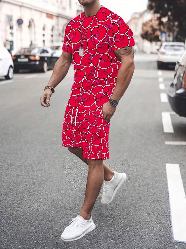 2025 Men's New Summer Set Duckling Print T-Shirt With Breathable Drawstring Shorts Outdoor Fashion Streetwear Two-Piece Set