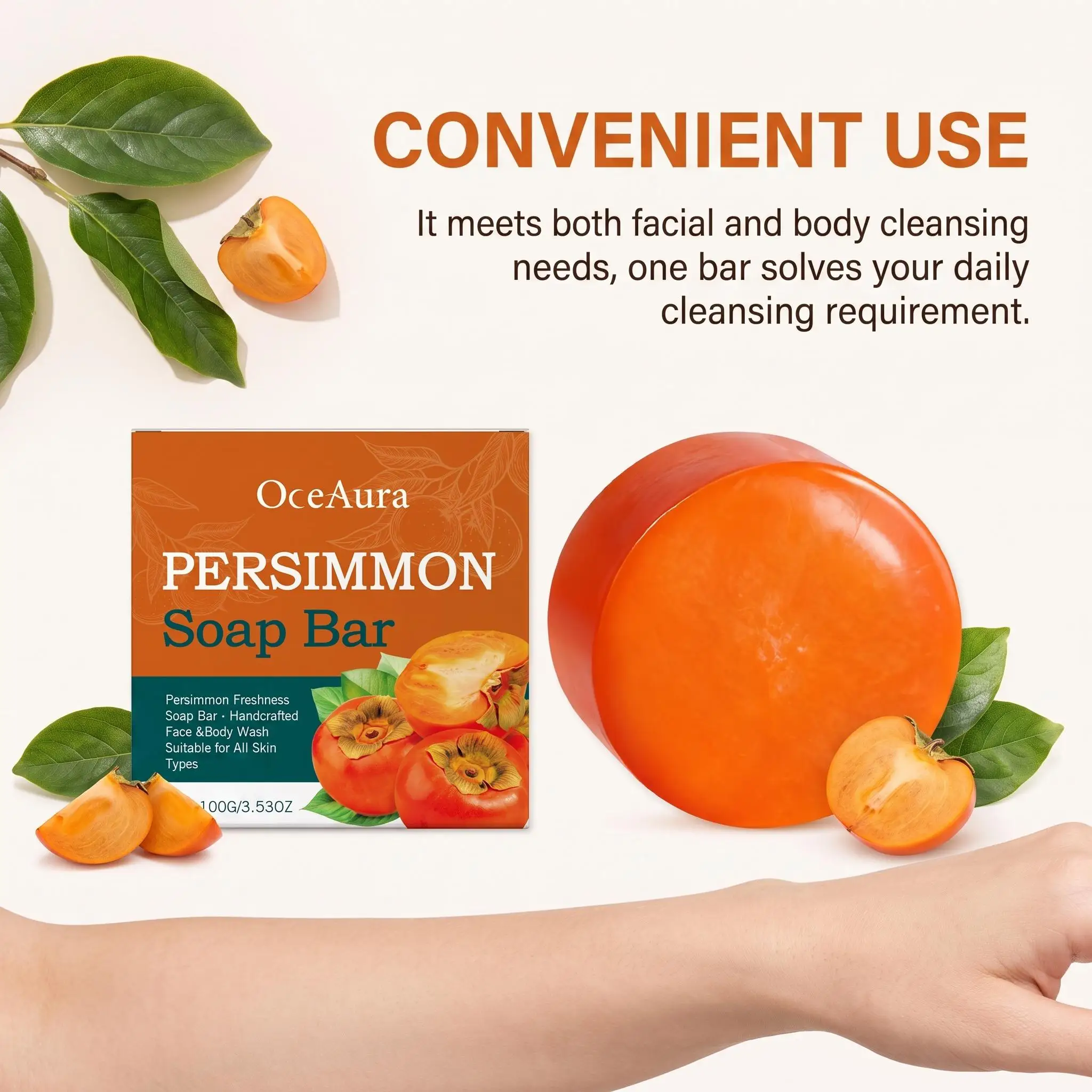 OCEAURA Organic Persimmon Soap Eliminate Body Odors Remove Body Excess Oil Refresh Smooth Skin Gentle Cleanse Deodorant Soap Bar