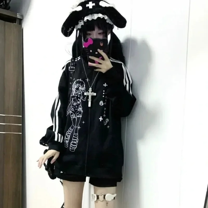 New Punk Harajuku American Vintage Cute Print Hoodies Japanese Fashion Loose Y2k Aesthetic Sweatshirts Autumn All Match Clothes