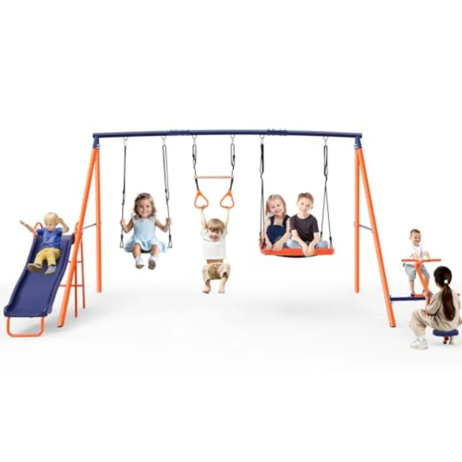 

Swing Sets for Backyard with Slide 700 lbs - 5 in 1 Multifunction Swingset for Outdoor Playset Larger Heavy Duty Metal Swing St
