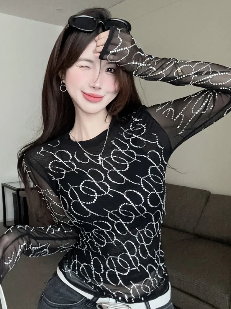 

American Heavyweight Rhinestone Long Sleeve T-Shirt Women Lightweight Mesh Base Shirt Autumn Pure Desirable Sexy See-through Top