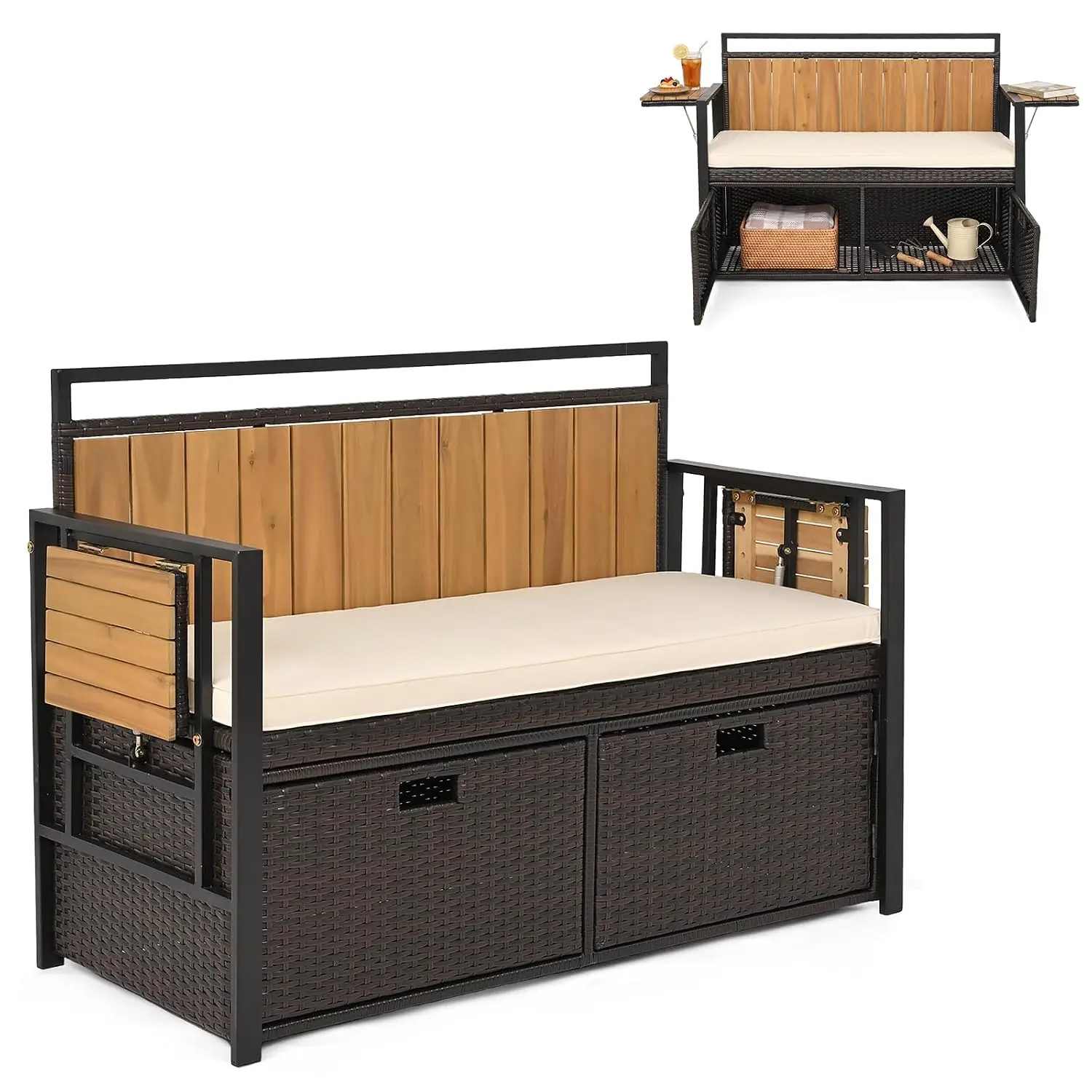 Outdoor Storage Bench, Outside Cushioned Loveseat Seating with Acacia Wood Backrest, 2 Folding Side Tables & 2 Doors