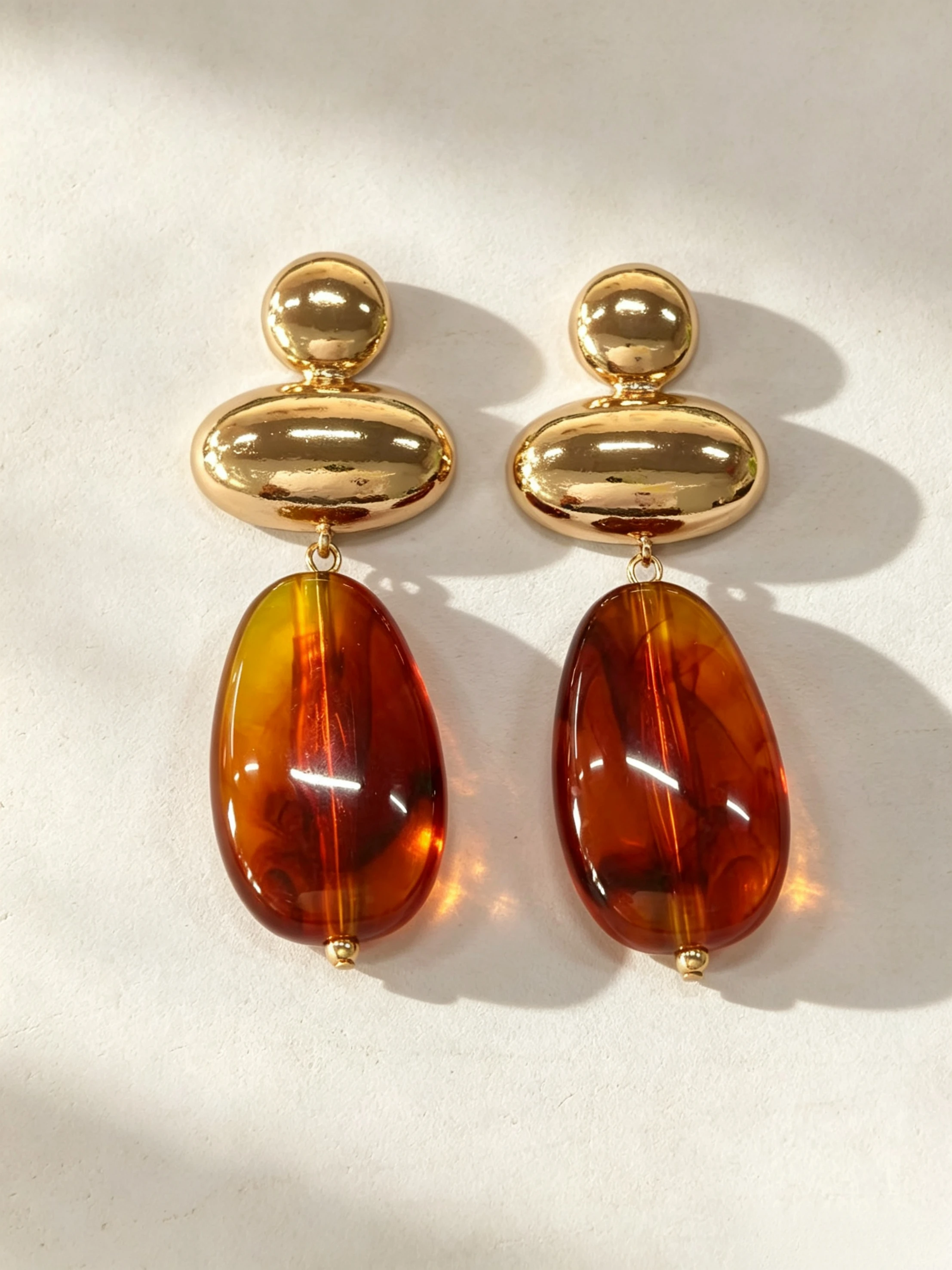 Geometric Oval Metal Amber Teardrop Pendant Earrings - Image 5