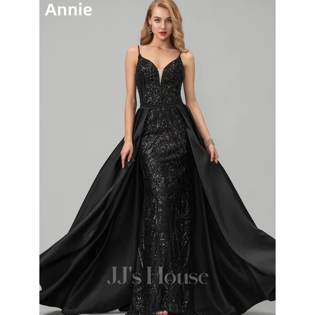 Annie vestido de casamento preto bordado lantejoulas capa cetim luxo vestidos de baile sereia elegante senhora sob medida vestidos de ocasião