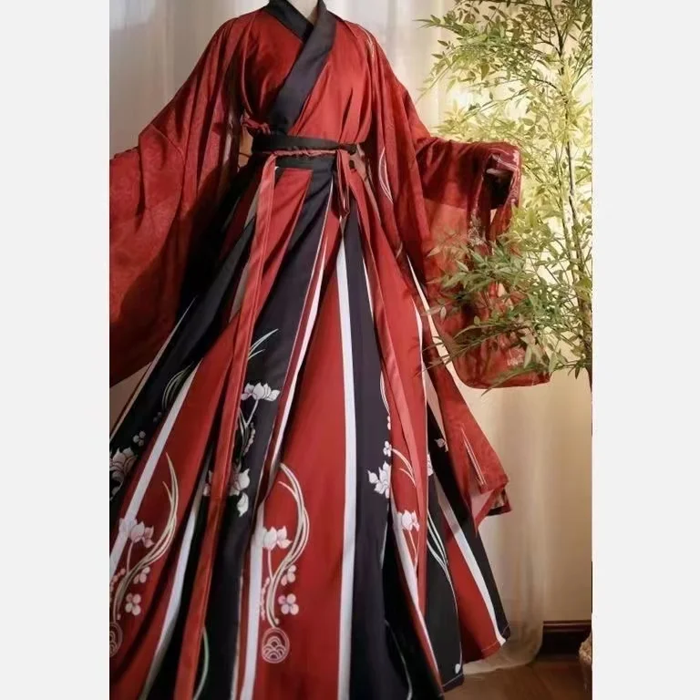 

Vintage Floral Hanfu Dress Men Women Weijin Period Traditional Large Sleeve Costume Immortal Lotus Events Party Couples Outfits