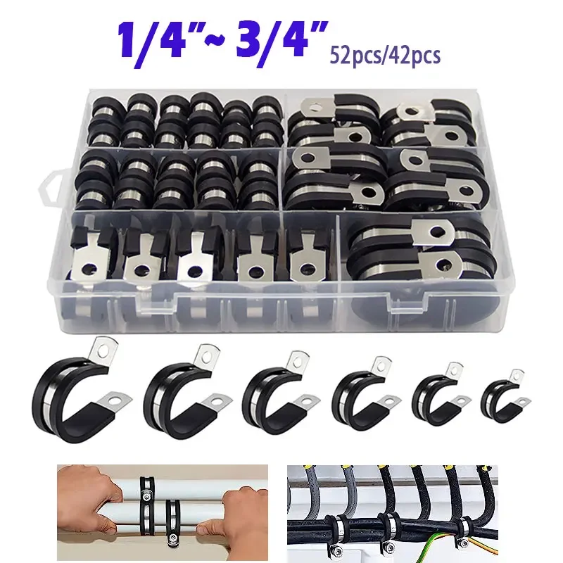 Cable Clamps Assortment Kit Stainless Steel Rubbe Cushioned Cushion Pipe Clamp Hose Metal Fuel Line Hose Water Air Tube Clip Set