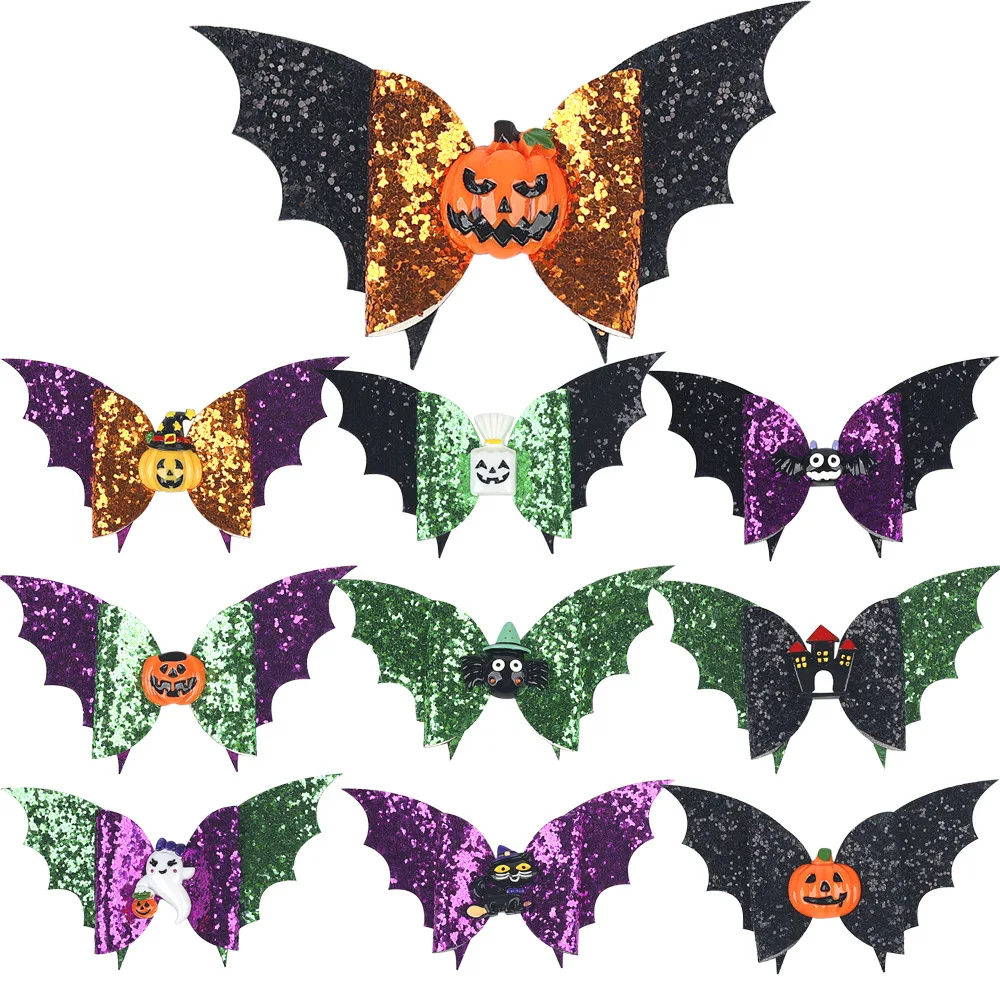 2Pcs Children's Bow Hair Clips Halloween Elements Double Bat Wings Bow Clip Pumpkin Headdress Hairpin Hair Accessories