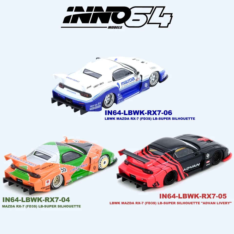 INNO64 1:64 LBWK Mazda RX-7 FD3S 3 Optional Versions White Blue #1