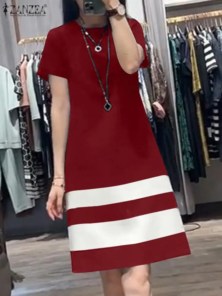 ZANZEA-vestido veraniego de estilo coreano para mujer, traje informal de manga corta con cuello redondo y bloque de Color hasta la rodilla, 2024