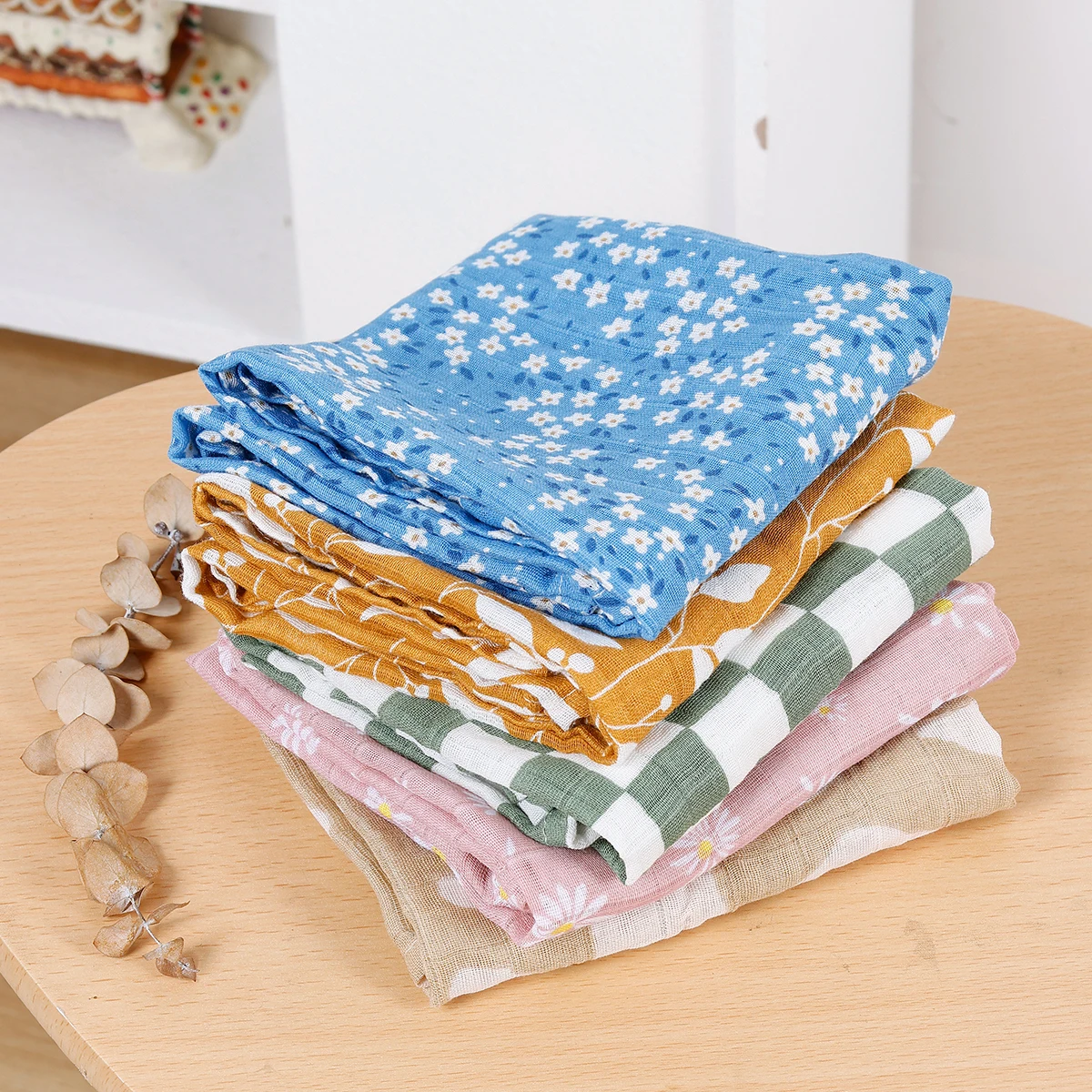 HappyFlute New Nature Prints 5Pcs/set Soft Pure Cotton Fabric Muslin Swaddle Feeding Burp Cloth Newborn Face&Hand Wash Wipe